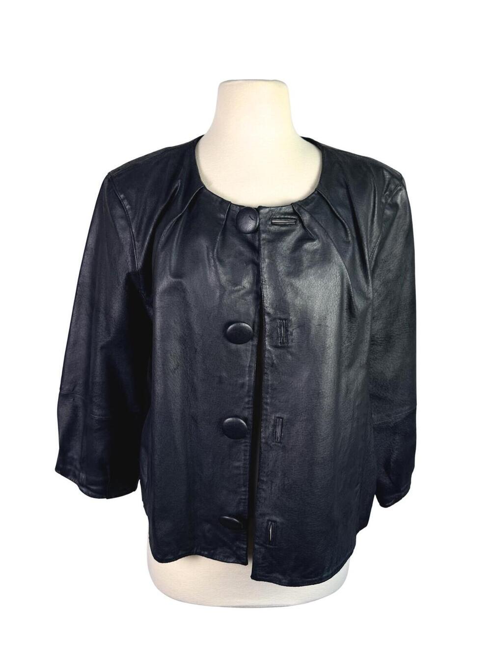 Vintage Terry Lewis Black Leather Lady Jacket Collarless Quiet Luxury L